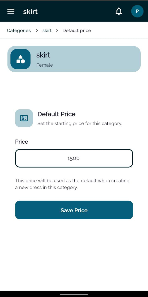 TailorInch Category Default Price setting screen