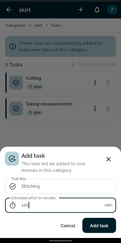 Category production tasks with estimated minutes