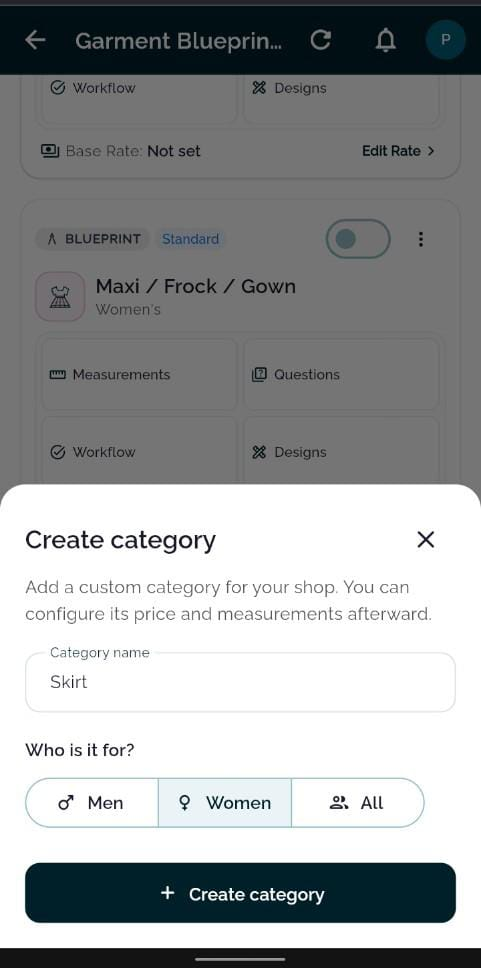 Create custom category dialog