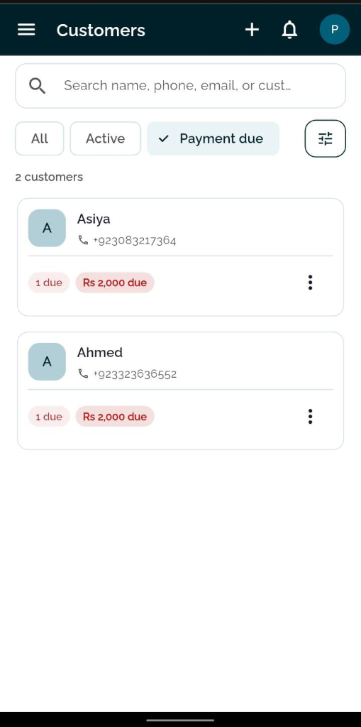 TailorInch Customer Payment Due Filter Screen