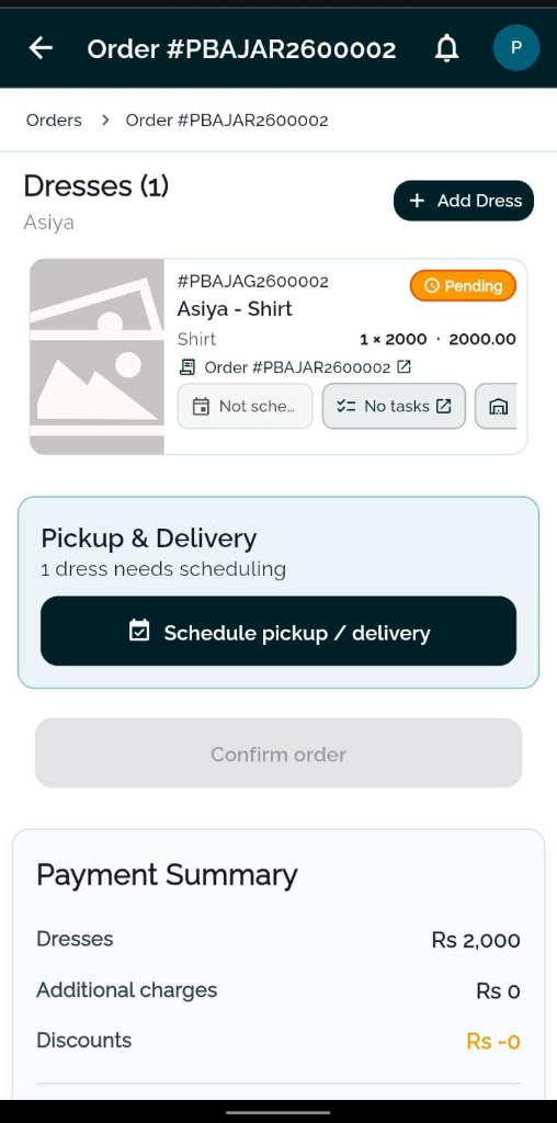 TailorInch Order Screen showing dress needing scheduling