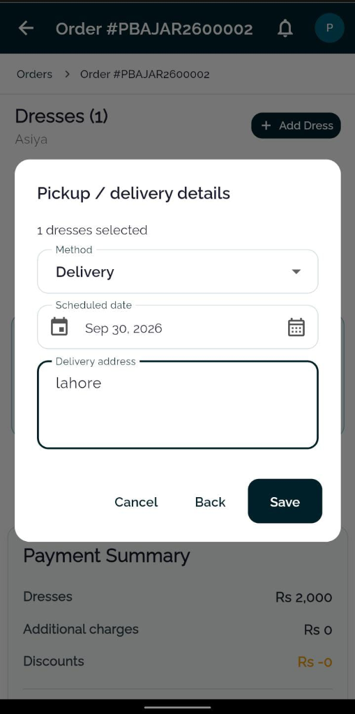 TailorInch Delivery modal with date and address