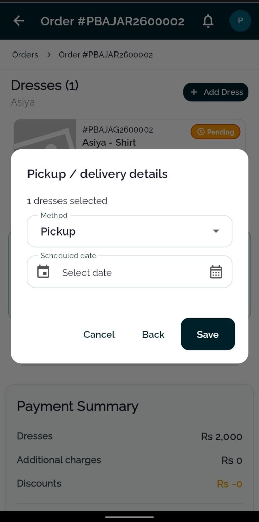 TailorInch In-Store Pickup configuration screen