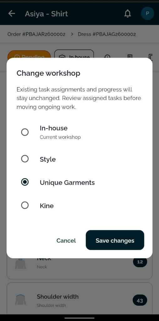 TailorInch Change Workshop Routing modal