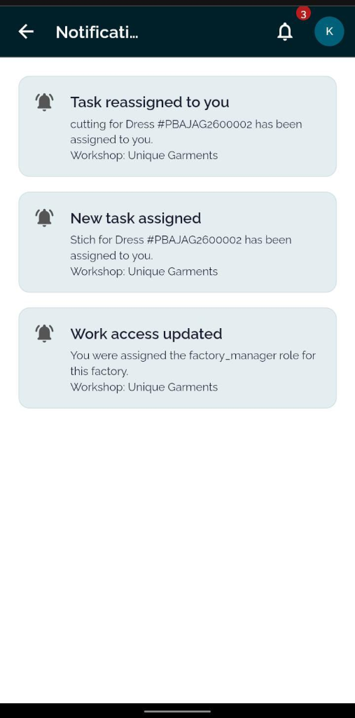 TailorInch Worker Task Notifications screen